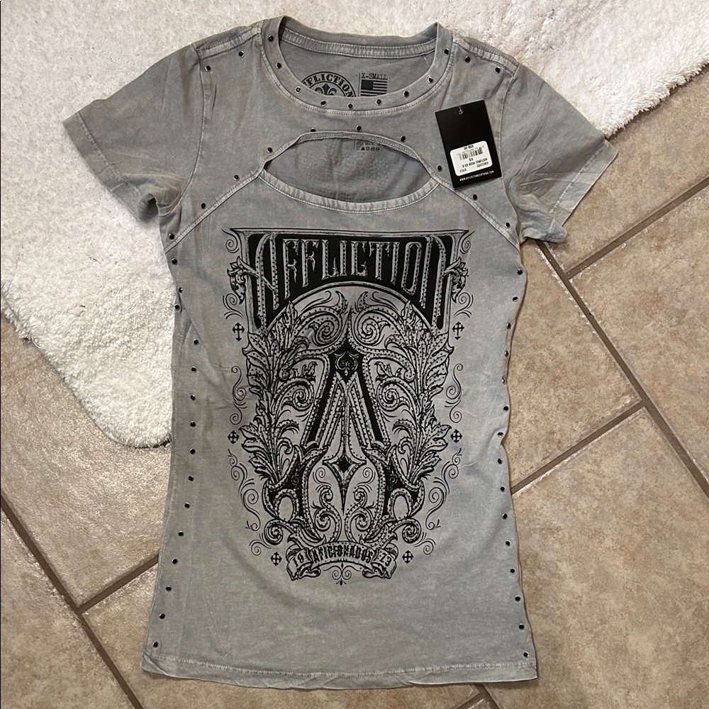 Affliction Light Gray Studded Graphic Tee